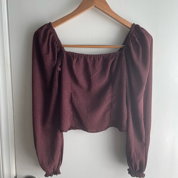 Abercrombie & Fitch Smocked Back Fitted Top with Balloon Sleeves XS Burgundy - Picture 12 of 12